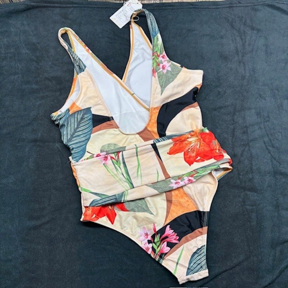 IDOPIP Womens Tropical Floral One Piece Swimsuit V-Neck Low Back Large NWT - Picture 4 of 6